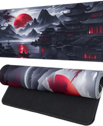 FreeNook Large Gaming Mouse Pad, Anime Black Mousepad with Stitched Edges, Expanded Cool Desk Mat, Japanese Red Moon XL Keyboard Mat Suitable for Home Office,31.5 X 11.8 Inch