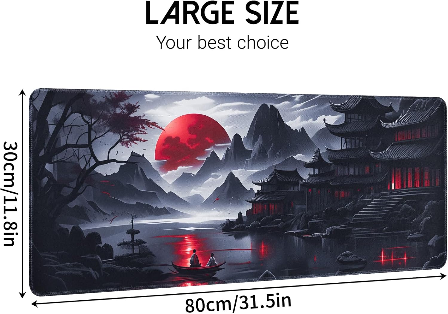 FreeNook Large Gaming Mouse Pad, Anime Black Mousepad with Stitched Edges, Expanded Cool Desk Mat, Japanese Red Moon XL Keyboard Mat Suitable for Home Office,31.5 X 11.8 Inch - Image 2