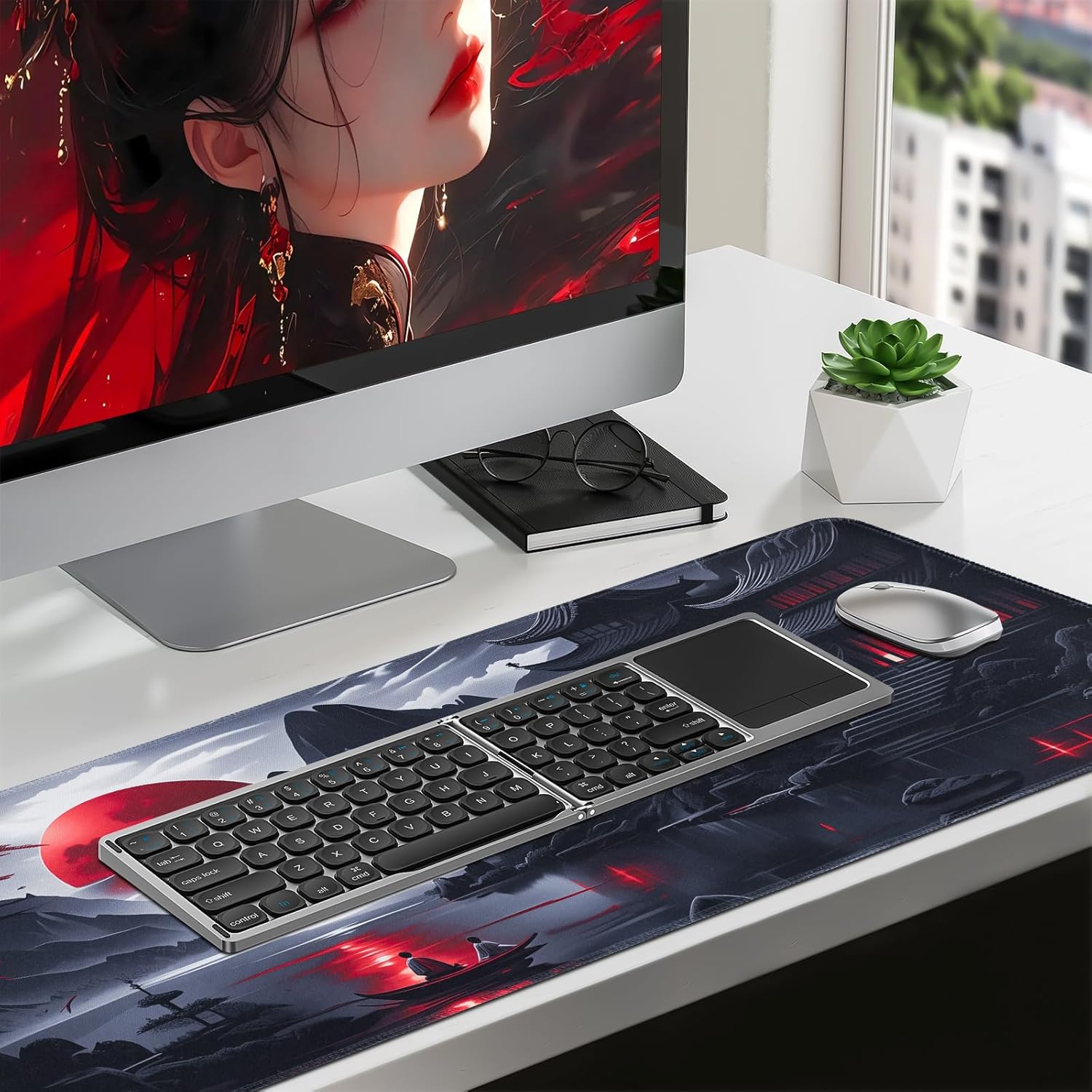 FreeNook Large Gaming Mouse Pad, Anime Black Mousepad with Stitched Edges, Expanded Cool Desk Mat, Japanese Red Moon XL Keyboard Mat Suitable for Home Office,31.5 X 11.8 Inch - Image 3
