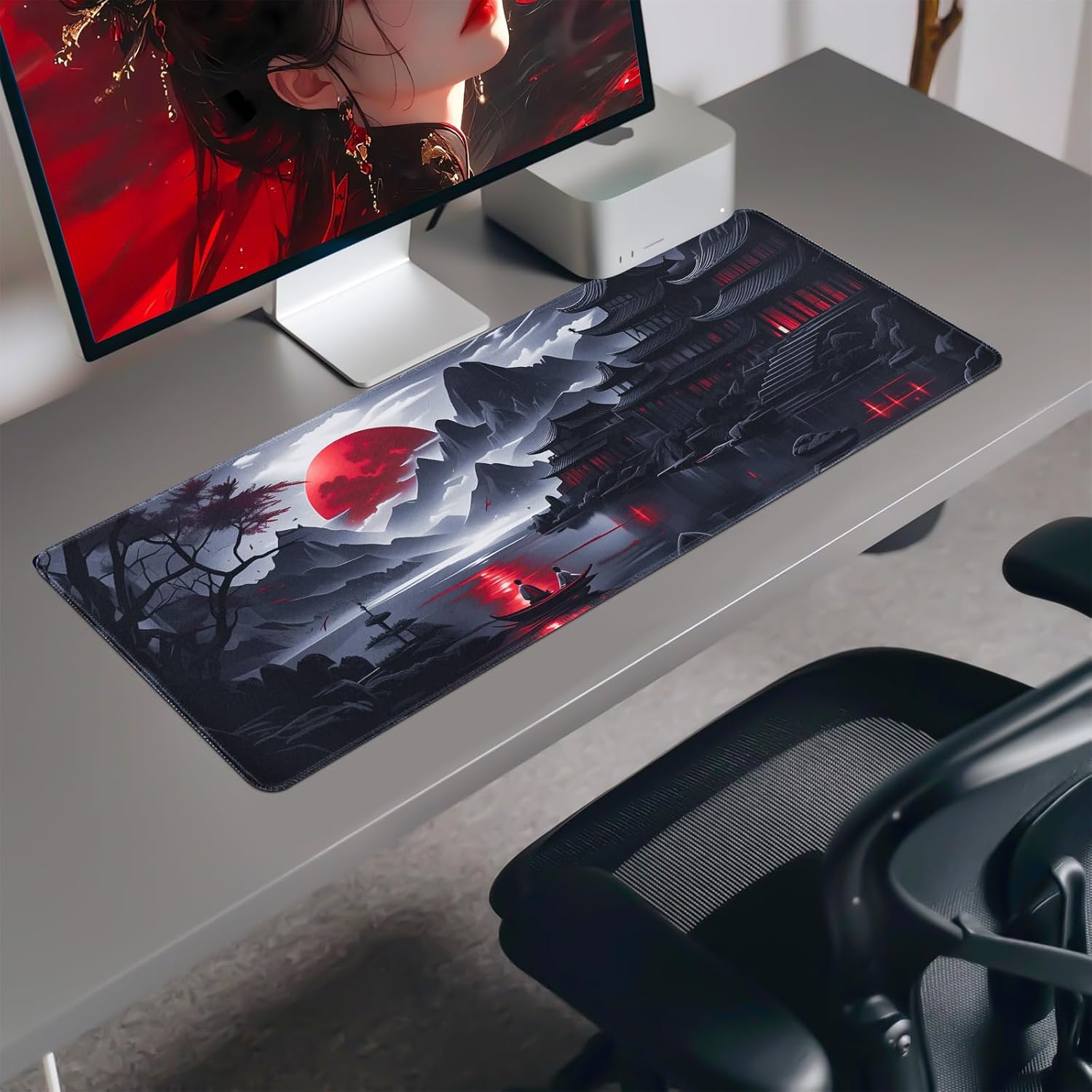 FreeNook Large Gaming Mouse Pad, Anime Black Mousepad with Stitched Edges, Expanded Cool Desk Mat, Japanese Red Moon XL Keyboard Mat Suitable for Home Office,31.5 X 11.8 Inch - Image 7