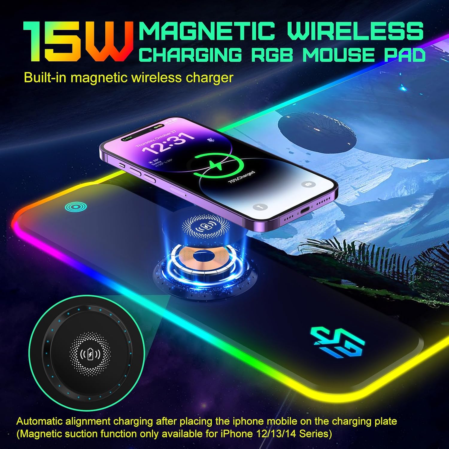 Wireless Charging RGB Gaming Mouse Pad, LED Mouse Mat 800x300x4MM, 10 Light Modes Large Mousepad Non-Slip Rubber Base RGB Desk Mat for Gaming, MacBook, PC, Laptop, Desk (Planetary) - Image 2