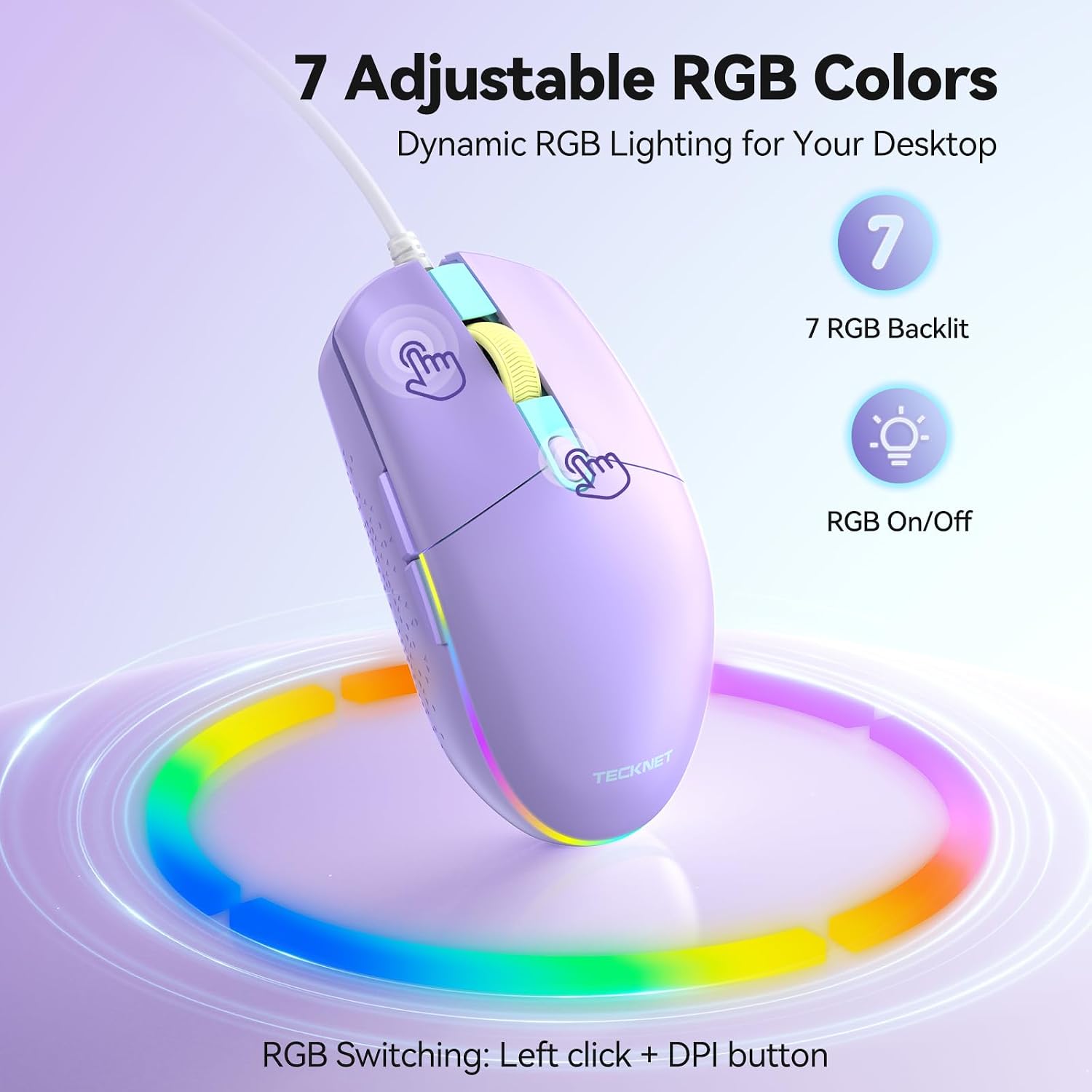 TECKNET Wired Mouse - USB Corded Mouse with RGB Backlit Full Size Optical Silent Mouse with Side Buttons,LED Plug and Play Wired Connection Office Mice for Desktop,PC,Laptop - Image 4